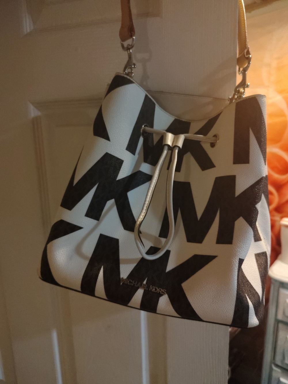 Michael Kors Black and White Logo Drawstring Shoulder Bag